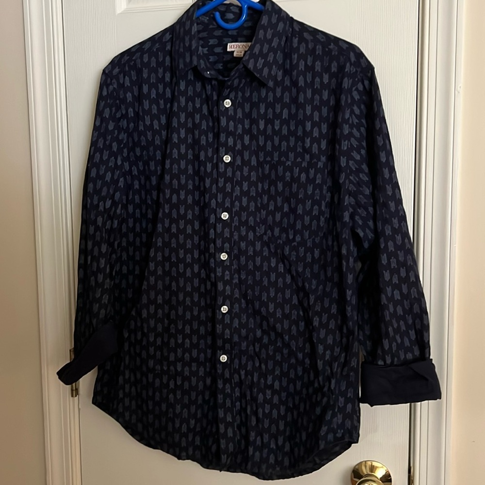 Merona Men's Size M Navy Blue Long Sleeve Dress Shirt Cotton/Linen